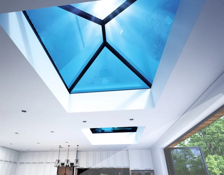 Korniche roof lantern viewed from inside a kitchen extension
